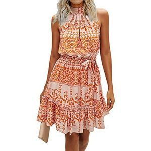 Color Block Orange Boho Halter Neck Mini Dress